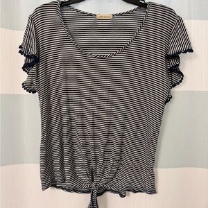 pebble and stone Navy and White Striped Tie-Front Short Sleeve Top